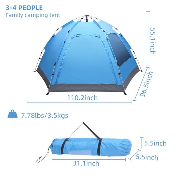 3 to 4 Persons Waterproof Double Door and Window Compact Family Tent for Camping Overnight and other Outdoor Activities UV Protection Blue-1
