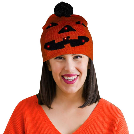 Light Up Monster Pumpkin Knit Pom Pom Beanie Pack of 6-0